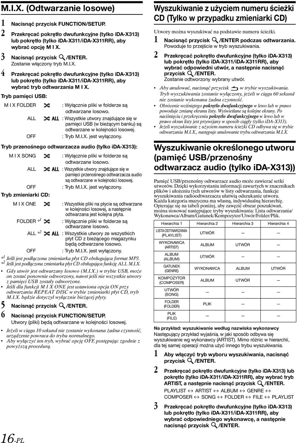 OFF : Tryb M.I.X. jest wyłączony. Tryb przenośnego odtwarzacza audio (tylko ida-x313): M I X SONG : Wyłącznie pliki w folderze są odtwarzane losowo.