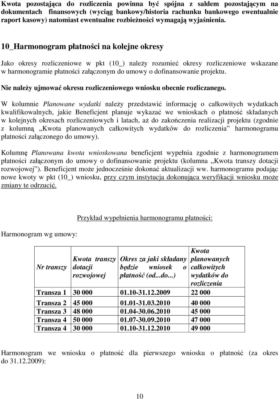 10_Harmonogram płatności na kolejne okresy Jako okresy rozliczeniowe w pkt (10_) naleŝy rozumieć okresy rozliczeniowe wskazane w harmonogramie płatności załączonym do umowy o dofinansowanie projektu.