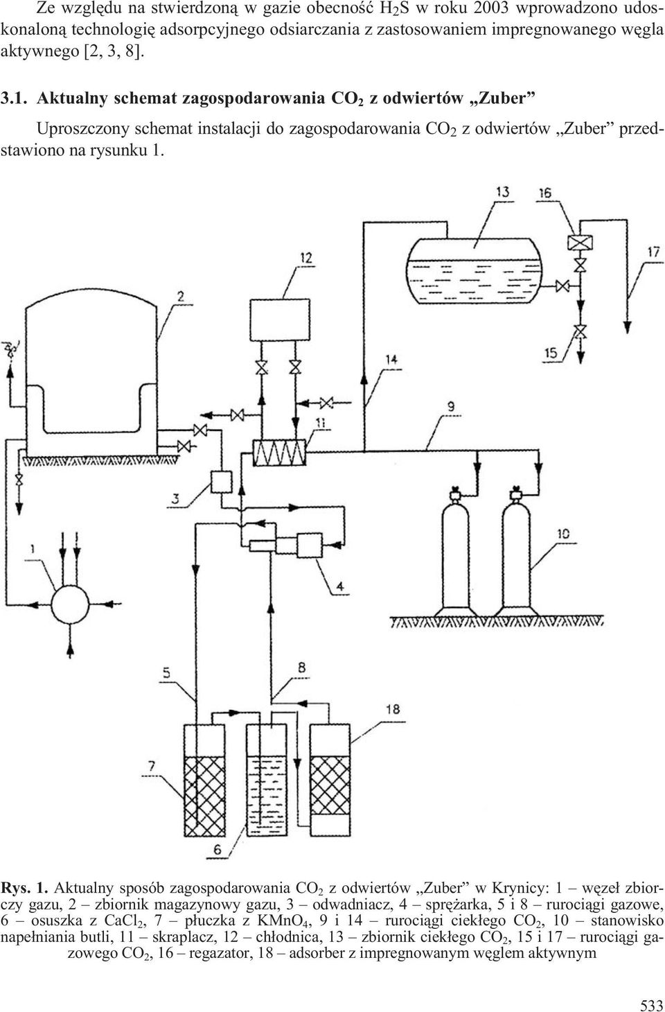 . Aktualy sposób zagospodarowaia CO 2 z odwiertów Zuber w Kryicy: wêze³ zbiorczy gazu, 2 zbiorik magazyowy gazu, 3 odwadiacz, 4 sprê arka, 5 i 8 ruroci¹gi gazowe, 6 osuszka z CaCl