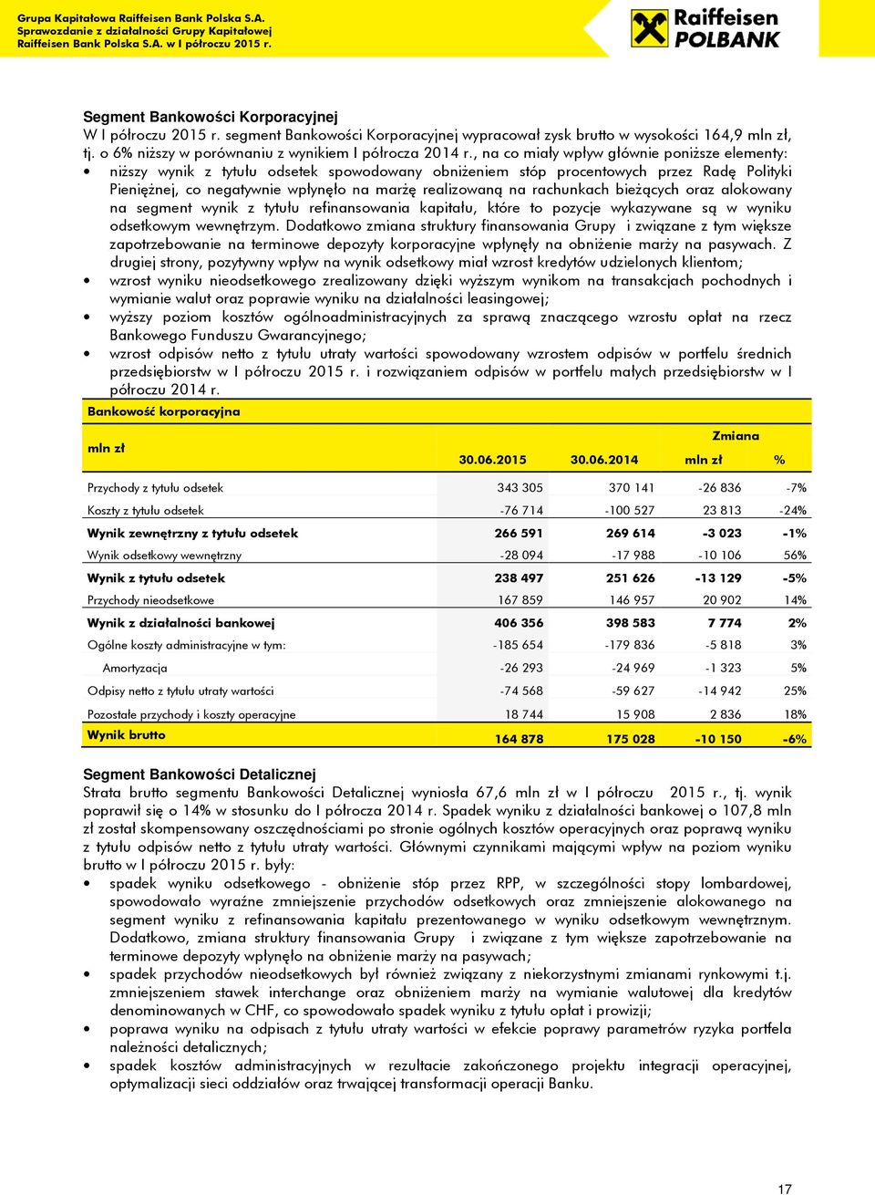 rachunkach bieżących oraz alokowany na segment wynik z tytułu refinansowania kapitału, które to pozycje wykazywane są w wyniku odsetkowym wewnętrzym.