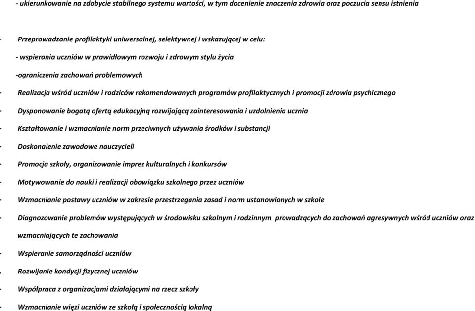 psychicznego Dysponowanie bogatą ofertą edukacyjną rozwijającą zainteresowania i uzdolnienia ucznia Kształtowanie i wzmacnianie norm przeciwnych używania środków i substancji Doskonalenie zawodowe