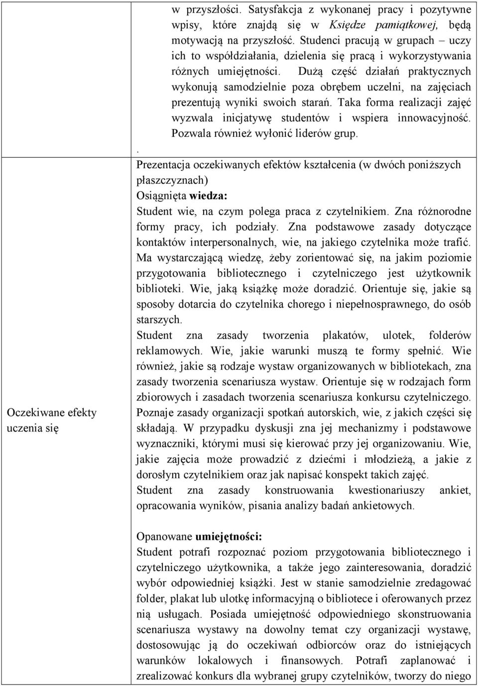 Dużą część działań praktycznych wykonują samodzielnie poza obrębem uczelni, na zajęciach prezentują wyniki swoich starań.