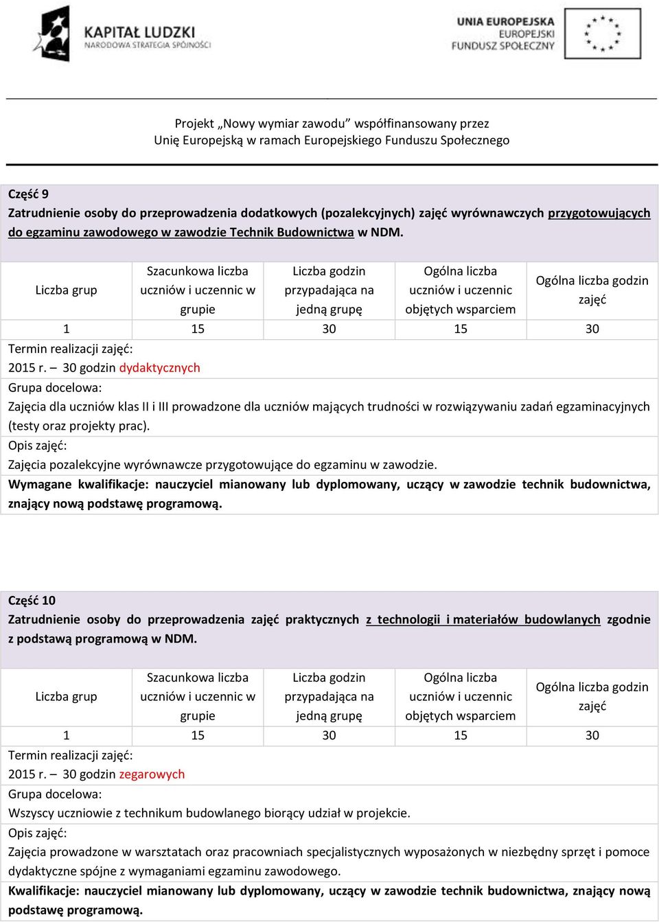 Opis : Zajęcia pzalekcyjne wyrównawcze przygtwujące d egzaminu w zawdzie. Wymagane kwalifikacje: nauczyciel mianwany lub dyplmwany, uczący w zawdzie technik budwnictwa, znający nwą pdstawę prgramwą.