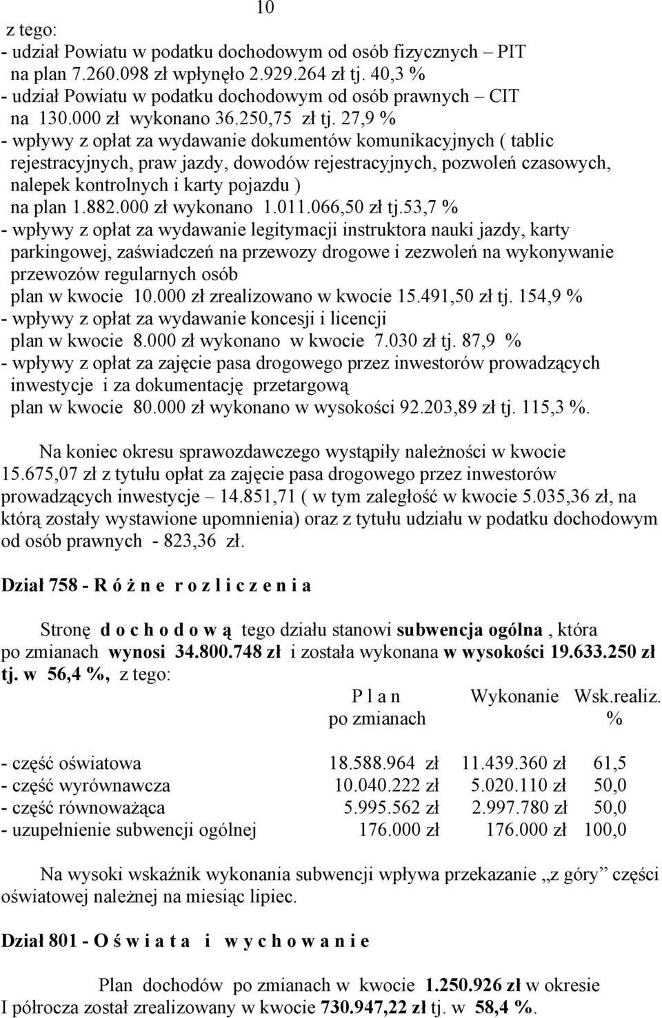 27,9 % - wpływy z opłat za wydawanie dokumentów komunikacyjnych ( tablic rejestracyjnych, praw jazdy, dowodów rejestracyjnych, pozwoleń czasowych, nalepek kontrolnych i karty pojazdu ) na plan 1.882.