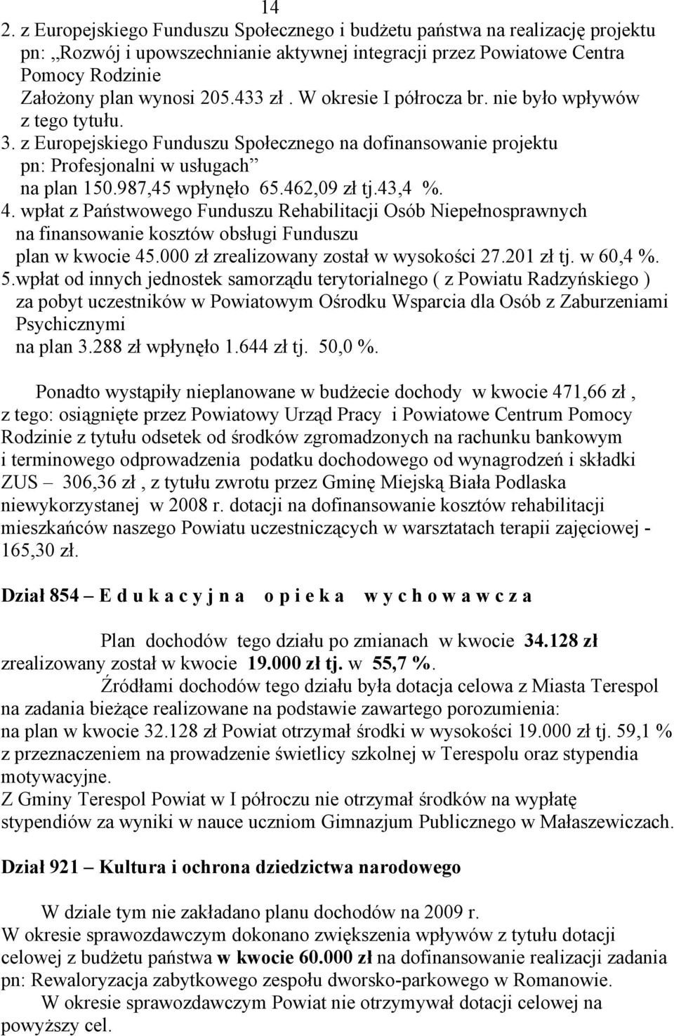 462,09 zł tj.43,4 %. 4. wpłat z Państwowego Funduszu Rehabilitacji Osób Niepełnosprawnych na finansowanie kosztów obsługi Funduszu plan w kwocie 45.000 zł zrealizowany został w wysokości 27.201 zł tj.