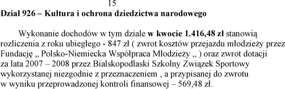 Polsko-Niemiecka Współpraca Młodzieży ) oraz zwrot dotacji za lata 2007 2008 przez Bialskopodlaski Szkolny