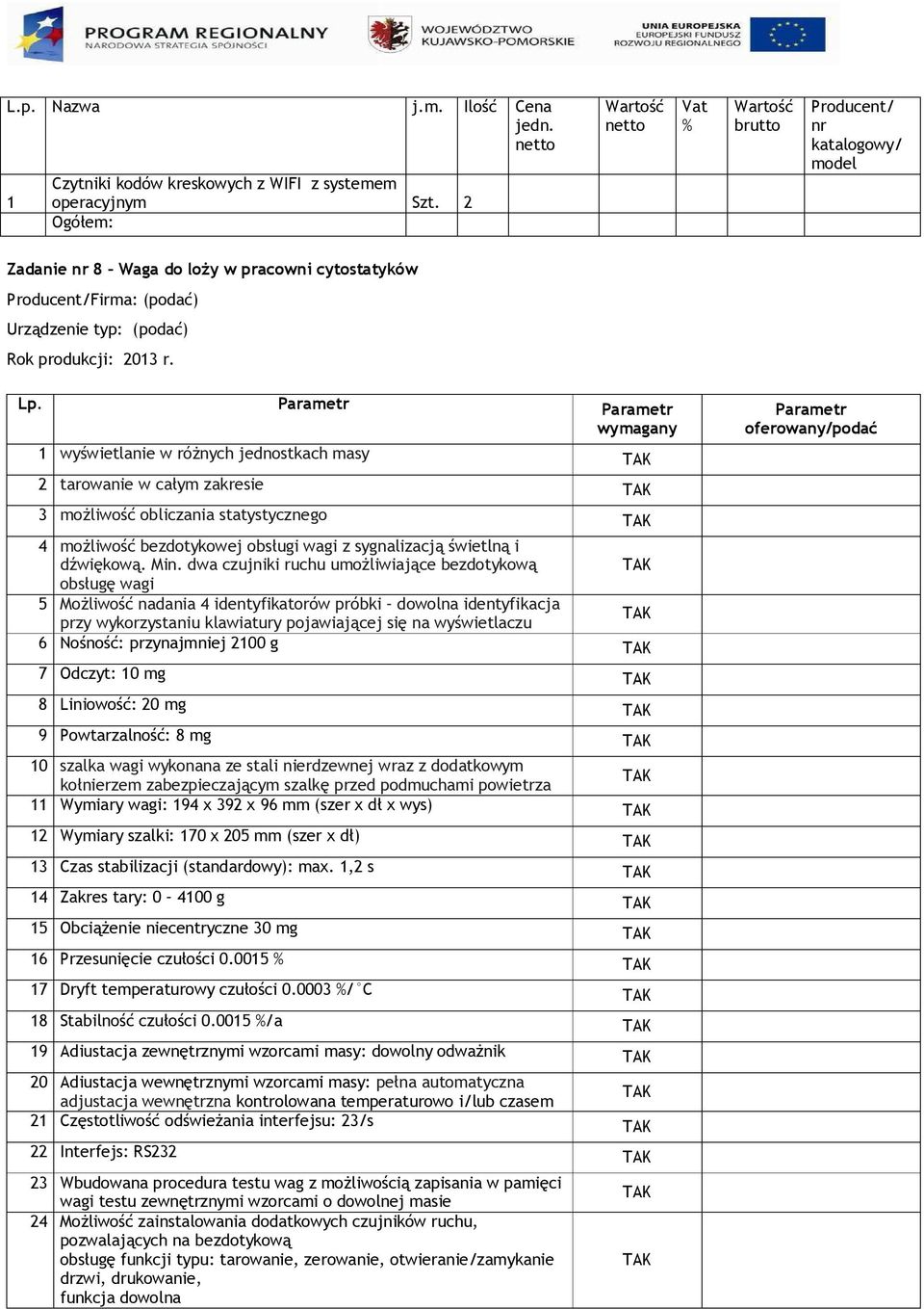 dwa czujniki ruchu umożliwiające bezdotykową obsługę wagi 5 Możliwość nadania 4 identyfikatorów próbki dowolna identyfikacja przy wykorzystaniu klawiatury pojawiającej się na wyświetlaczu 6 Nośność: