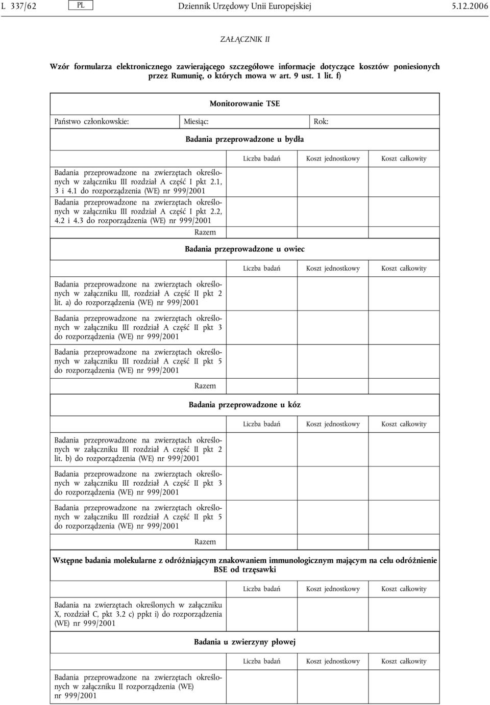 f) Monitorowanie TSE Państwo członkowskie: Miesiąc: Rok: Badania przeprowadzone u bydła w załączniku III rozdział Aczęść I pkt 2.1, 3 i 4.