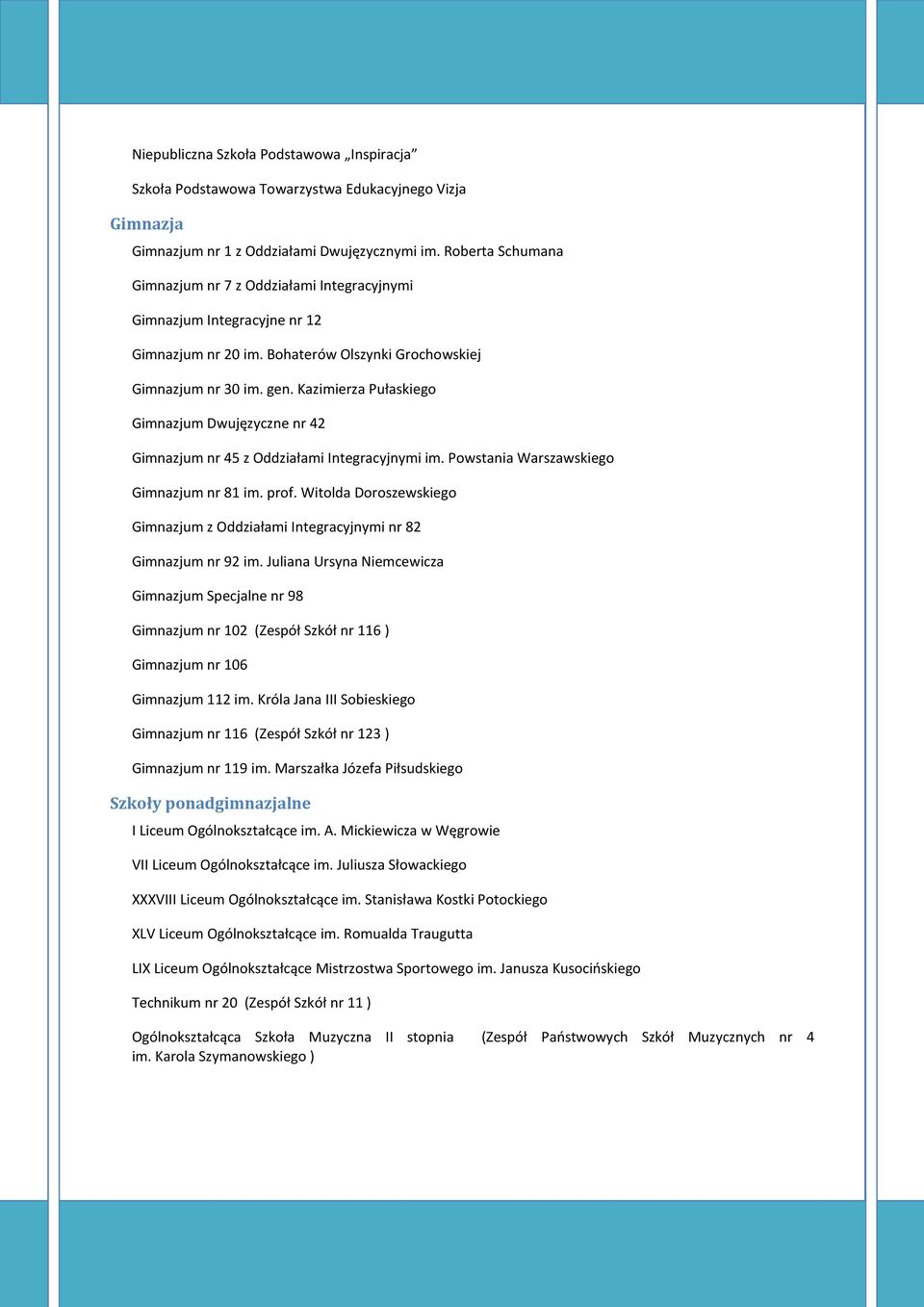 Rberta Schumana Gimnazjum nr 7 z Oddziałami Integracyjnymi Gimnazjum Integracyjne nr 12 Gimnazjum nr 20 im. Bhaterów Olszynki Grchwskiej Gimnazjum nr 30 im. gen.