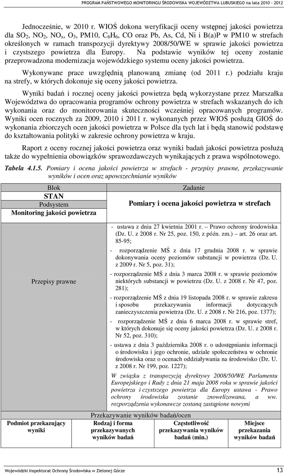 2008/50/WE w sprawie jakości powietrza i czystszego powietrza dla Europy. Na podstawie wyników tej oceny zostanie przeprowadzona modernizacja wojewódzkiego systemu oceny jakości powietrza.