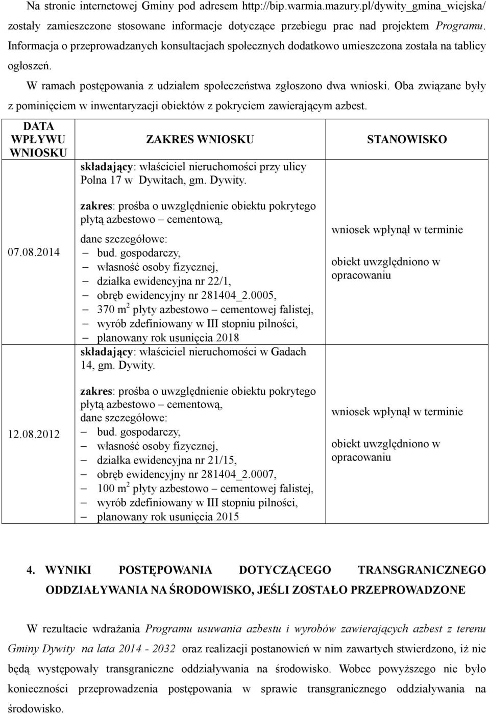 Oba związane były z pominięciem w inwentaryzacji obiektów z pokryciem zawierającym azbest. DATA WPŁYWU WNIOSKU ZAKRES WNIOSKU składający: właściciel nieruchomości przy ulicy Polna 17 w Dywitach, gm.