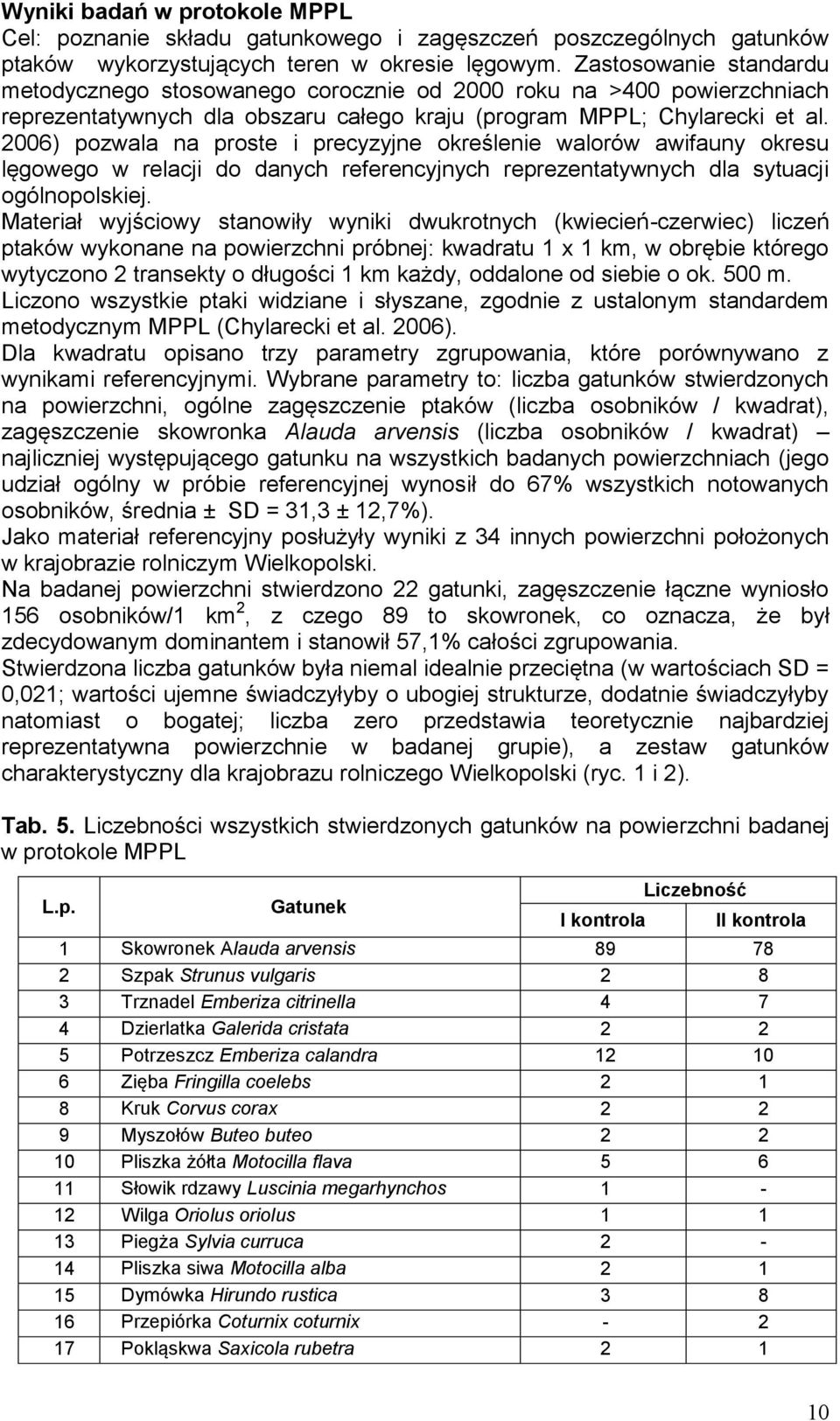 2006) pozwala na proste i precyzyjne określenie walorów awifauny okresu lęgowego w relacji do danych referencyjnych reprezentatywnych dla sytuacji ogólnopolskiej.