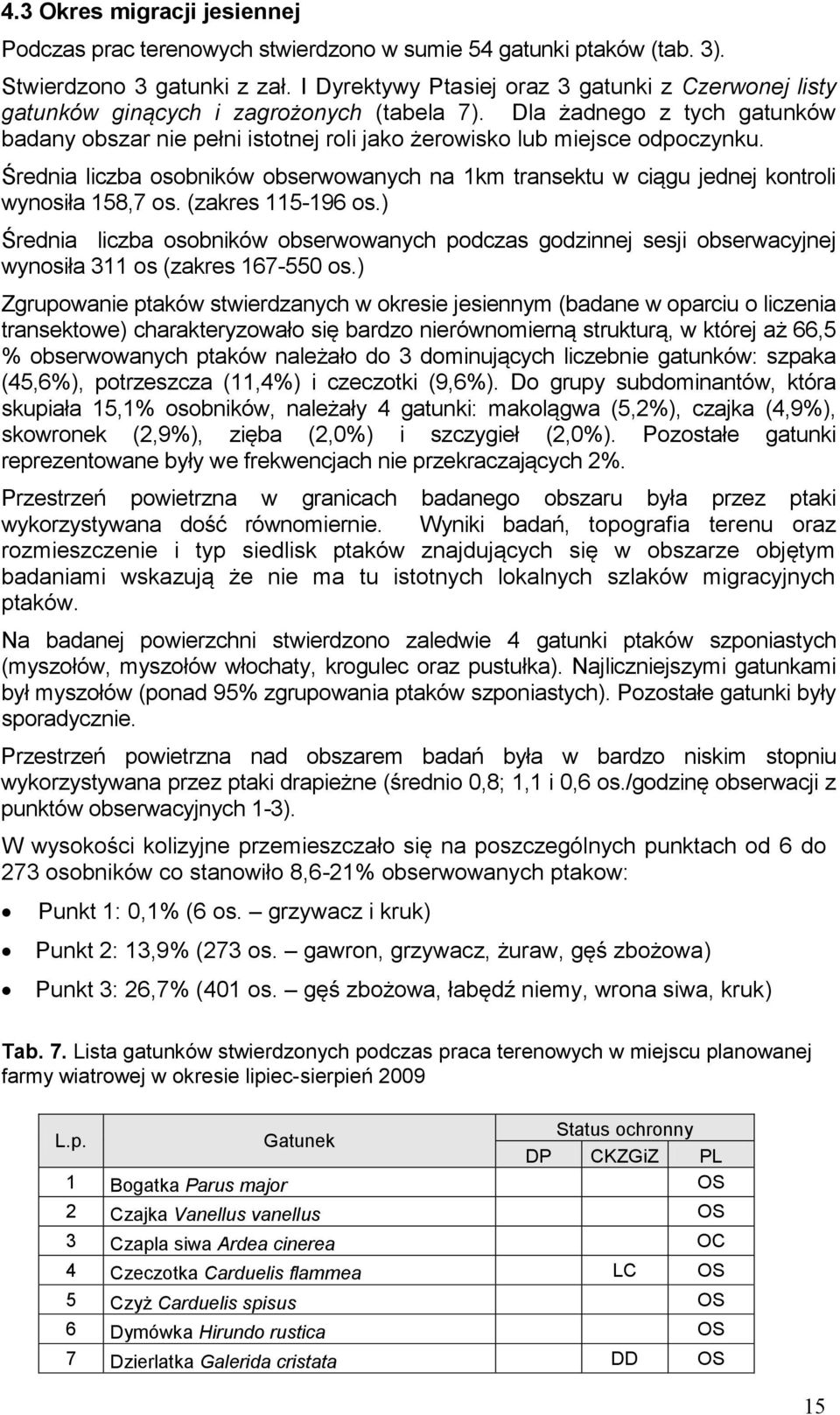 Dla żadnego z tych gatunków badany obszar nie pełni istotnej roli jako żerowisko lub miejsce odpoczynku.