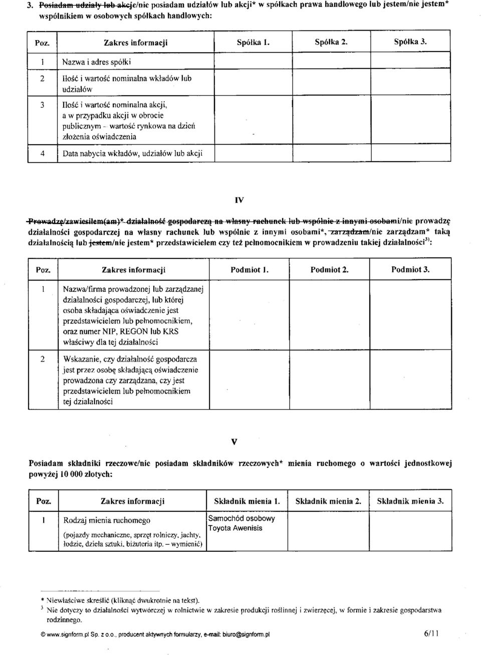 1 Nazwa i adres spółki 2 Ilość i wartość nominahia wkładów lub udziałów 3 Ilość i wartość nominalna akcji, a w przypadku akcji w obrocie publicznym - wartość rynkowa na dzień złożenia oświadczenia 4