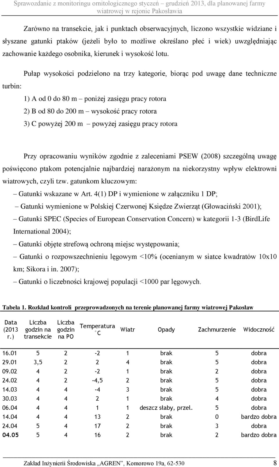 Pułap wysokości podzielono na trzy kategorie, biorąc pod uwagę dane techniczne turbin: 1) A od 0 do 80 m poniżej zasięgu pracy rotora 2) B od 80 do 200 m wysokość pracy rotora 3) C powyżej 200 m