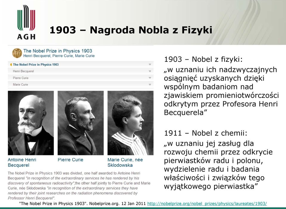 rozwoju chemii przez odkrycie pierwiastków radu i polonu, wydzielenie radu i badania właściwości i związków tego wyjątkowego