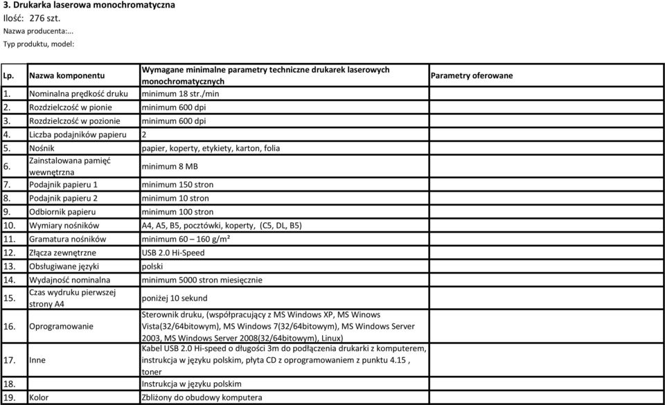 Zainstalowana pamięć wewnętrzna minimum 8 MB 7. Podajnik papieru 1 minimum 150 stron 8. Podajnik papieru 2 minimum 10 stron 9. Odbiornik papieru minimum 100 stron 10.