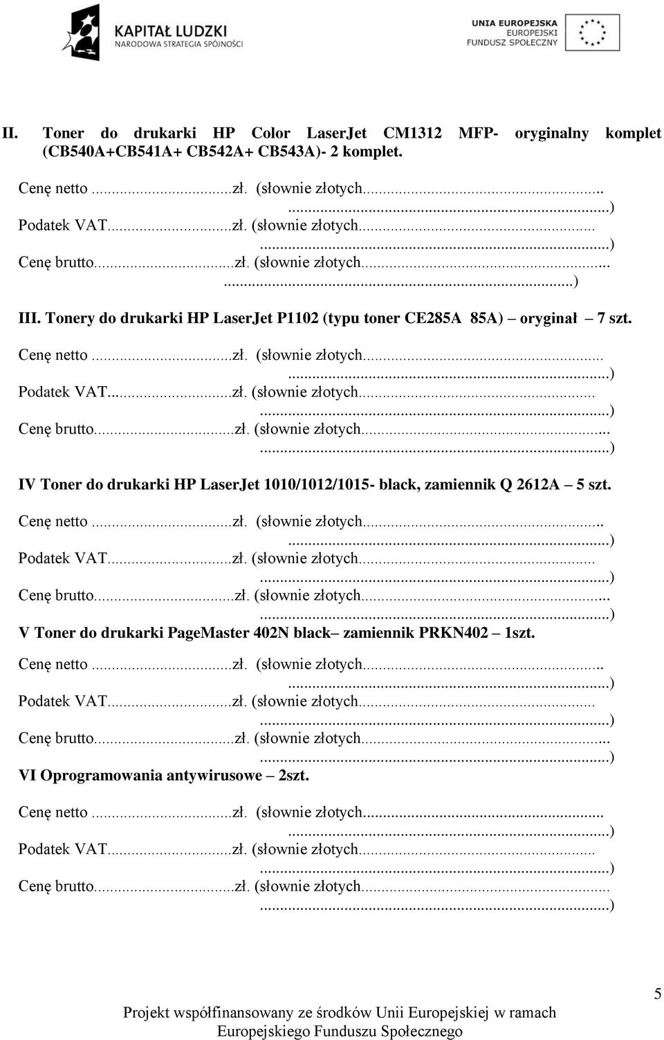 Tonery do drukarki HP LaserJet P1102 (typu toner CE285A 85A) oryginał 7 szt.