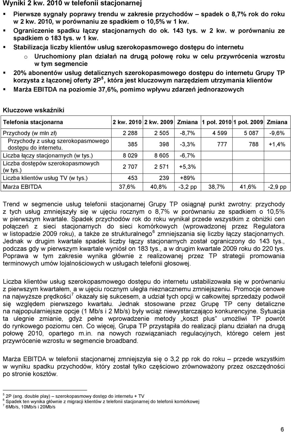 Stabilizacja liczby klientów usług szerokopasmowego dostępu do internetu o Uruchomiony plan działań na drugą połowę roku w celu przywrócenia wzrostu w tym segmencie 20% abonentów usług detalicznych