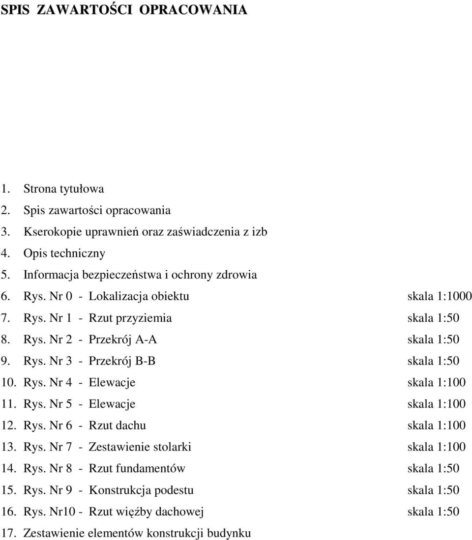 Rys. Nr 3 - Przekrój B-B skala 1:50 10. Rys. Nr 4 - Elewacje skala 1:100 11. Rys. Nr 5 - Elewacje skala 1:100 12. Rys. Nr 6 - Rzut dachu skala 1:100 13. Rys. Nr 7 - Zestawienie stolarki skala 1:100 14.