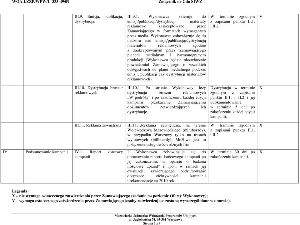 niezwłocznie powiadamiał Zamawiającego o wszelkich odstępstwach od planu medialnego podczas emisji, publikacji czy dystrybucji materiałów reklamowych). z zapisami punktu II.1. i II.2. III.10.