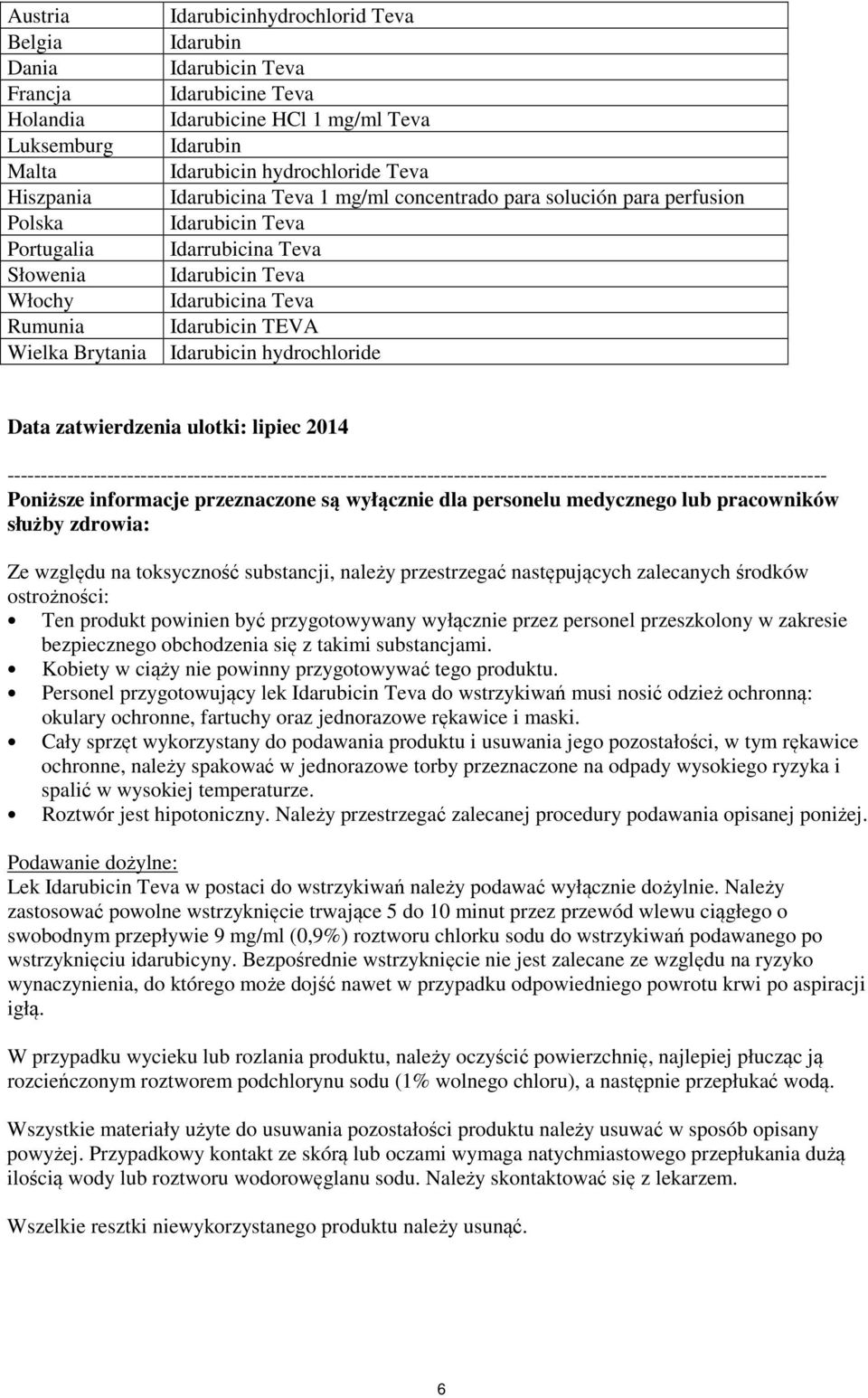 Teva Idarubicin TEVA Idarubicin hydrochloride Data zatwierdzenia ulotki: lipiec 2014