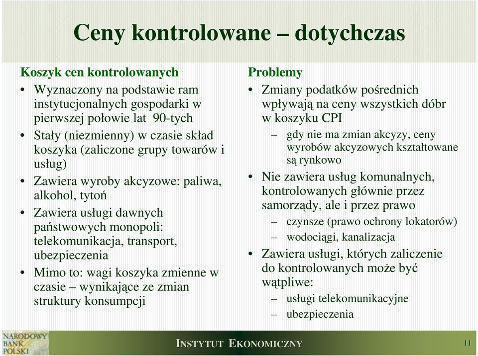 wynikające ze zmian struktury konsumpcji Problemy Zmiany podatków pośrednich wpływają na ceny wszystkich dóbr w koszyku CPI gdy nie ma zmian akcyzy, ceny wyrobów akcyzowych kształtowane są rynkowo