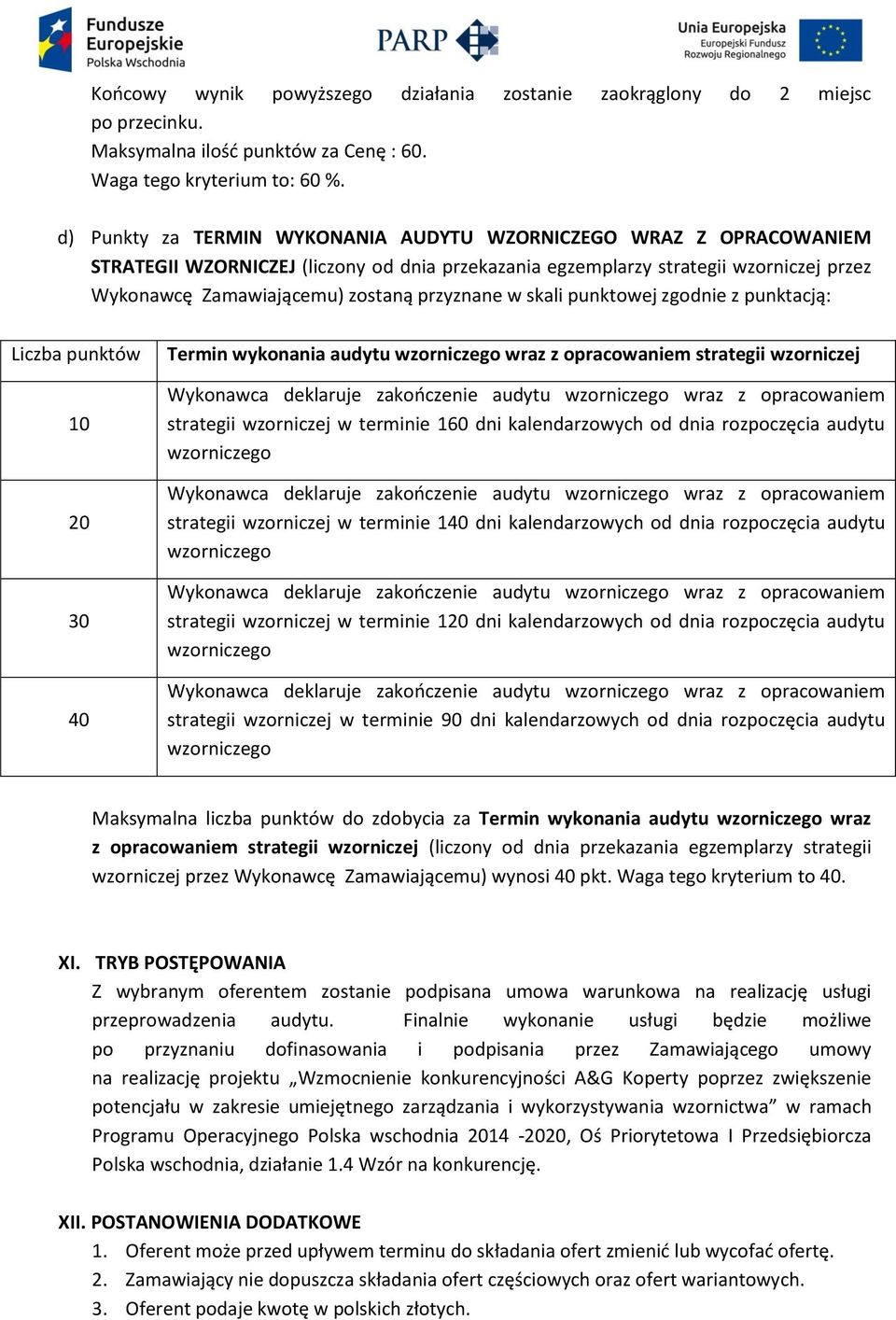 przyznane w skali punktowej zgodnie z punktacją: Liczba punktów 10 20 30 40 Termin wykonania audytu wzorniczego wraz z opracowaniem strategii wzorniczej Wykonawca deklaruje zakończenie audytu