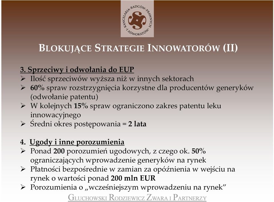 (odwołanie patentu) W kolejnych 15% spraw ograniczono zakres patentu leku innowacyjnego Średni okres postępowania = 2 lata 4.