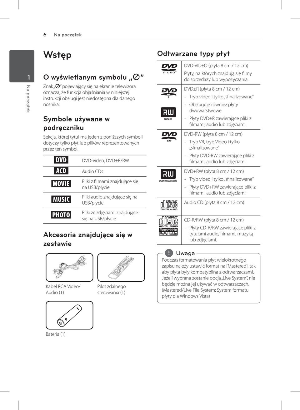 r t y u DVD-Video, DVD±R/RW Audio CDs Pliki z filmami znajdujące się na USB/płycie Pliki audio znajdujące się na USB/płycie DVD-VIDEO (płyta 8 cm / 12 cm) Płyty, na których znajdują się filmy do