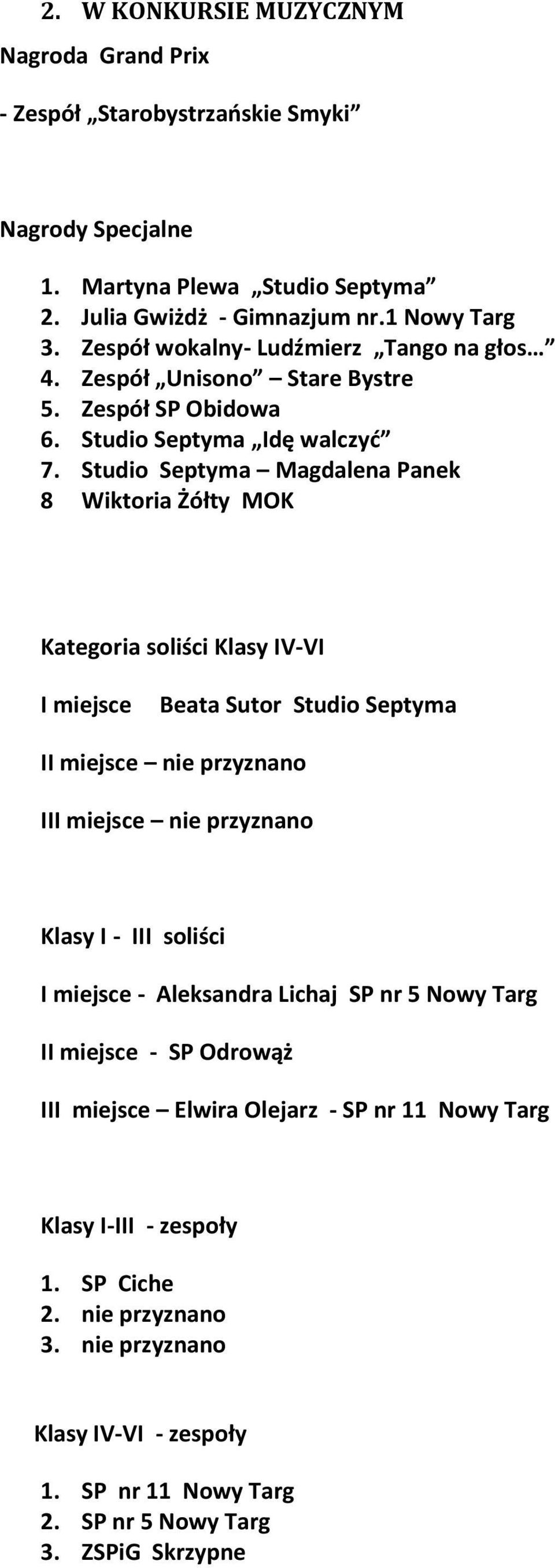 Studio Septyma Magdalena Panek 8 Wiktoria Żółty MOK Kategoria soliści Klasy IV-VI I miejsce Beata Sutor Studio Septyma II miejsce nie przyznano III miejsce nie przyznano Klasy I - III