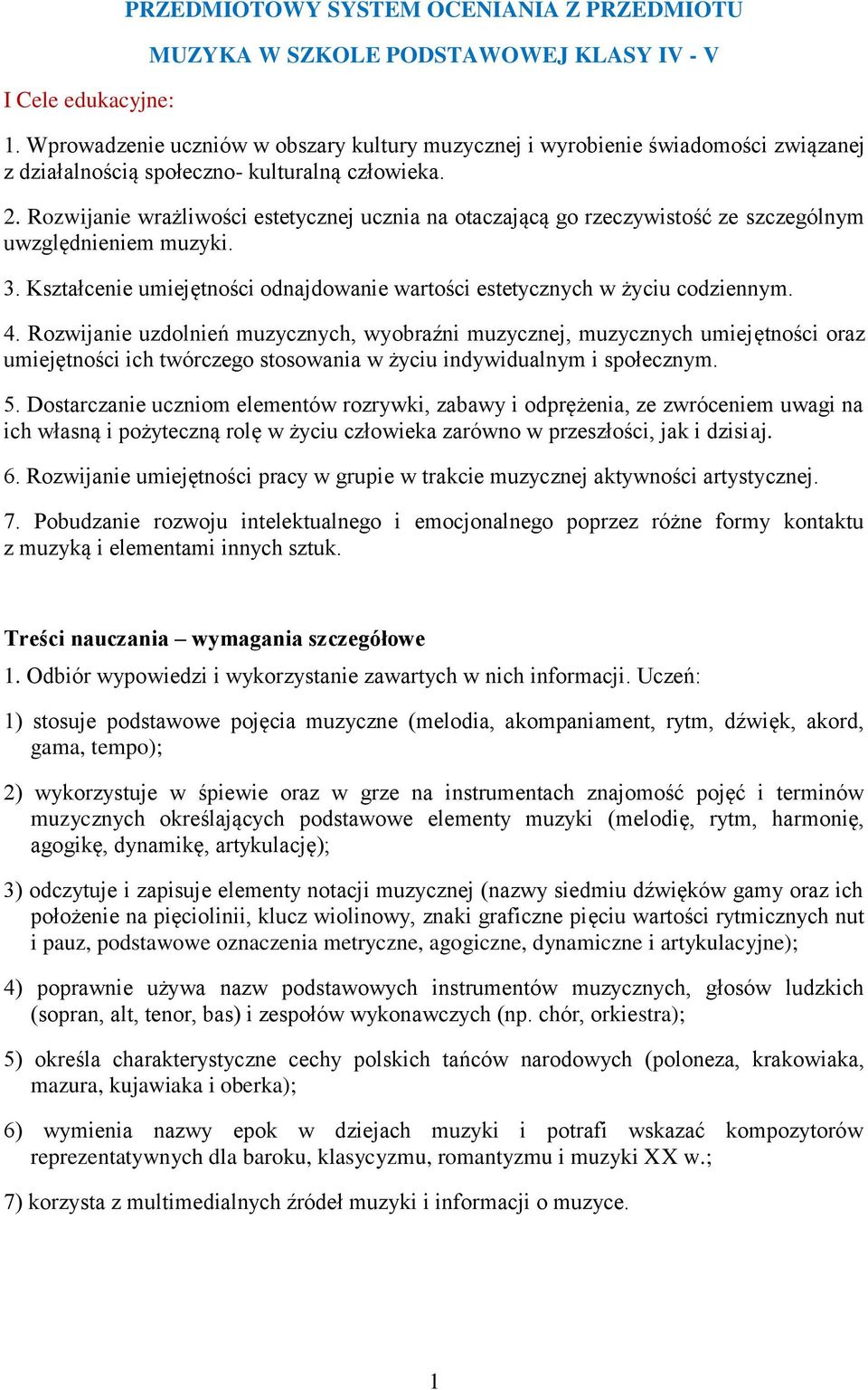 Rozwijanie wrażliwości estetycznej ucznia na otaczającą go rzeczywistość ze szczególnym uwzględnieniem muzyki. 3. Kształcenie umiejętności odnajdowanie wartości estetycznych w życiu codziennym. 4.