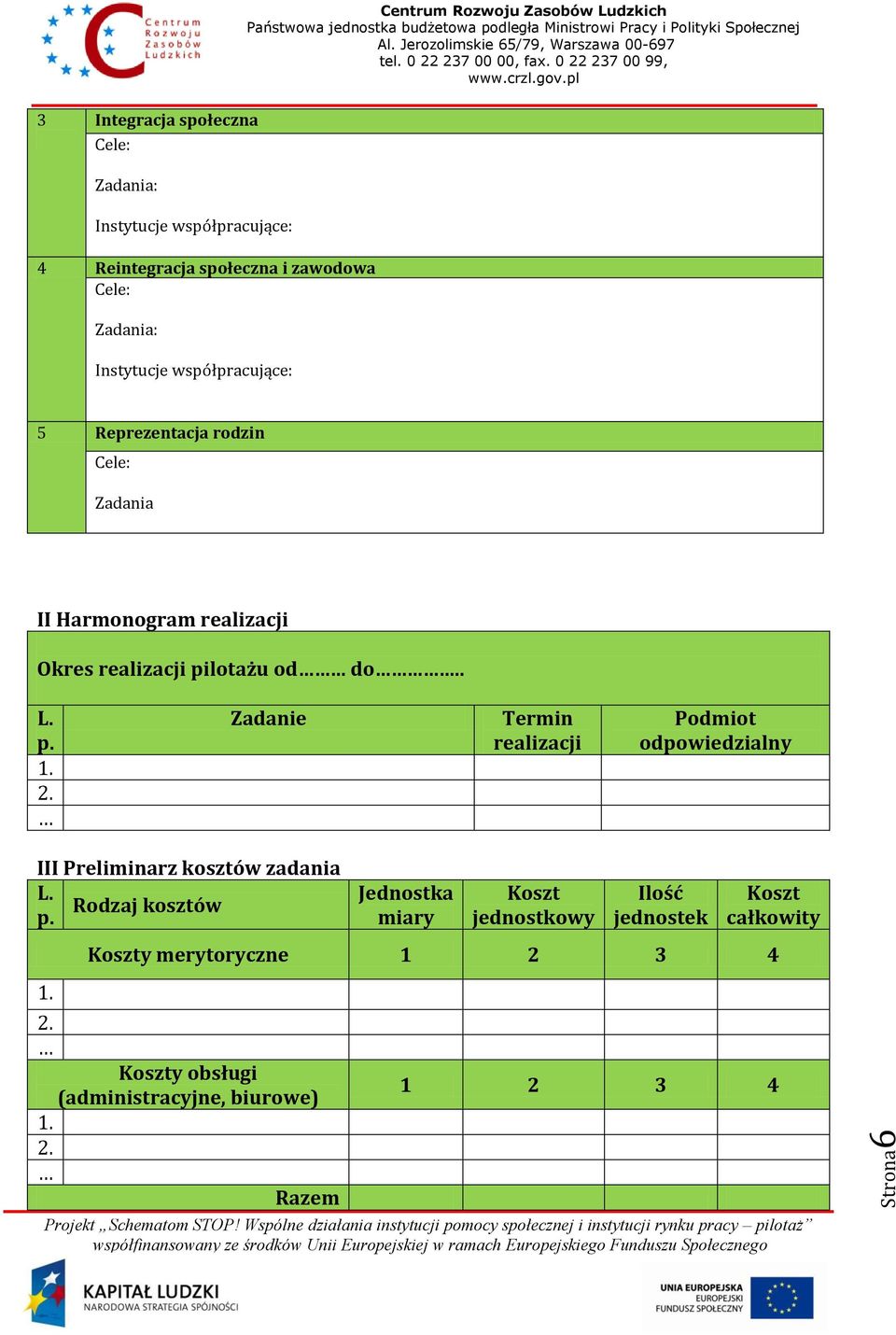 Zadanie Termin realizacji Podmiot odpowiedzialny III Preliminarz kosztów zadania L. Rodzaj kosztów p. 1. 2.