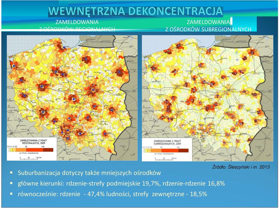 kierunki: rdzenie-strefy podmiejskie 19,7%, rdzenie-rdzenie 16,8%