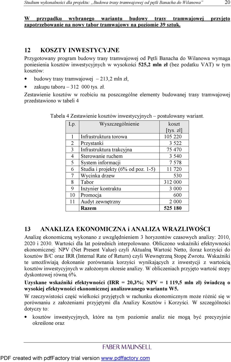 12 KOSZTY INWESTYCYJNE Przygotowany program budowy trasy tramwajowej od Pętli Banacha do Wilanowa wymaga poniesienia kosztów inwestycyjnych w wysokości 525,2 mln zł (bez podatku VAT) w tym kosztów: