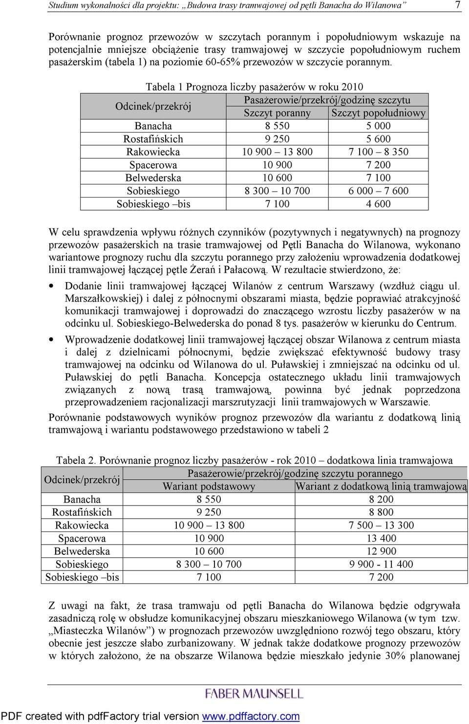 Tabela 1 Prognoza liczby pasażerów w roku 2010 Odcinek/przekrój Pasażerowie/przekrój/godzinę szczytu Szczyt poranny Szczyt popołudniowy Banacha 8 550 5 000 Rostafińskich 9 250 5 600 Rakowiecka 10 900