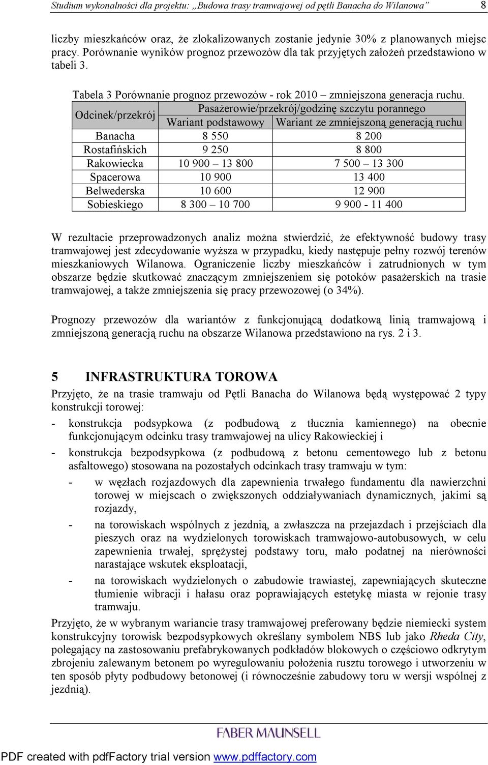 Odcinek/przekrój Pasażerowie/przekrój/godzinę szczytu porannego Wariant podstawowy Wariant ze zmniejszoną generacją ruchu Banacha 8 550 8 200 Rostafińskich 9 250 8 800 Rakowiecka 10 900 13 800 7 500