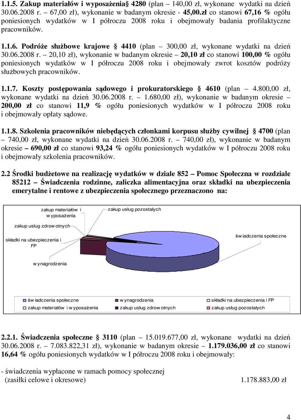 06.2008 r. 20,10 zł), wykonanie w badanym okresie 20,10 zł co stanowi 100,00 % ogółu poniesionych wydatków w I półroczu 2008 roku i obejmowały zwrot kosztów podróŝy słuŝbowych pracowników. 1.1.7.