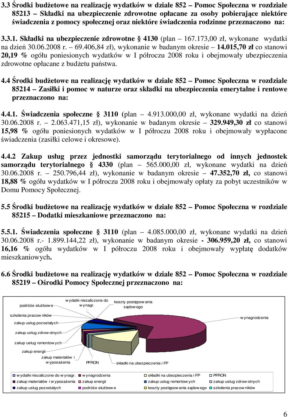 406,84 zł), wykonanie w badanym okresie 14.015,70 zł co stanowi 20,19 % ogółu poniesionych wydatków w I półroczu 2008 roku i obejmowały ubezpieczenia zdrowotne opłacane z budŝetu państwa. 4.