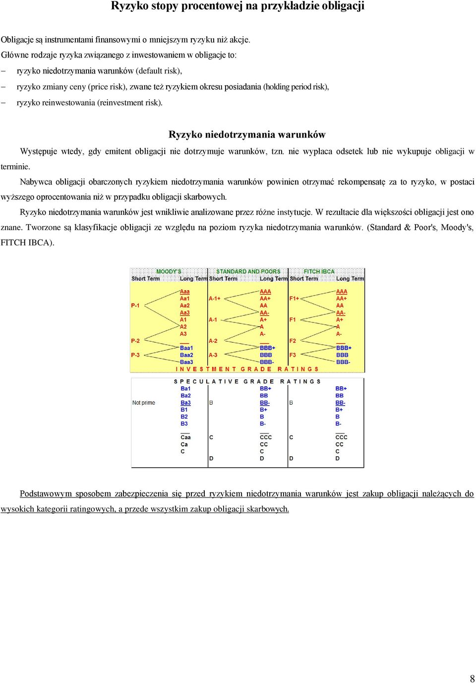 reiwesowaia (reivesme risk). Ryzyko iedorzymaia waruków Wysępuje wedy, gdy emie obligacji ie dorzymuje waruków, z. ie wypłaca odseek lub ie wykupuje obligacji w ermiie.