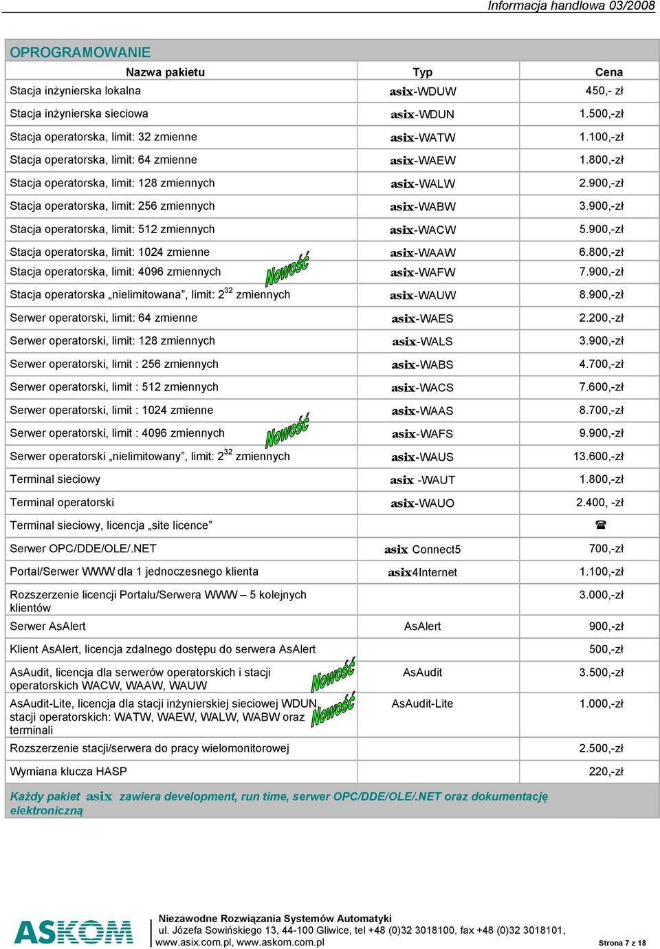 900,-zł Stacja operatorska, limit: 512 zmiennych asix-wacw 5.900,-zł Stacja operatorska, limit: 1024 zmienne asix-waaw 6.800,-zł Stacja operatorska, limit: 4096 zmiennych asix-wafw 7.