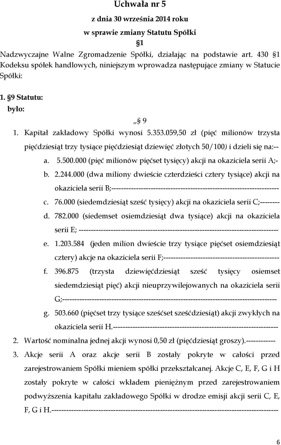 059,50 zł (pięć milionów trzysta pięćdziesiąt trzy tysiące pięćdziesiąt dziewięć złotych 50/100) i dzieli się na:-- a. 5.500.000 (pięć milionów pięćset tysięcy) akcji na okaziciela serii A;- b. 2.244.