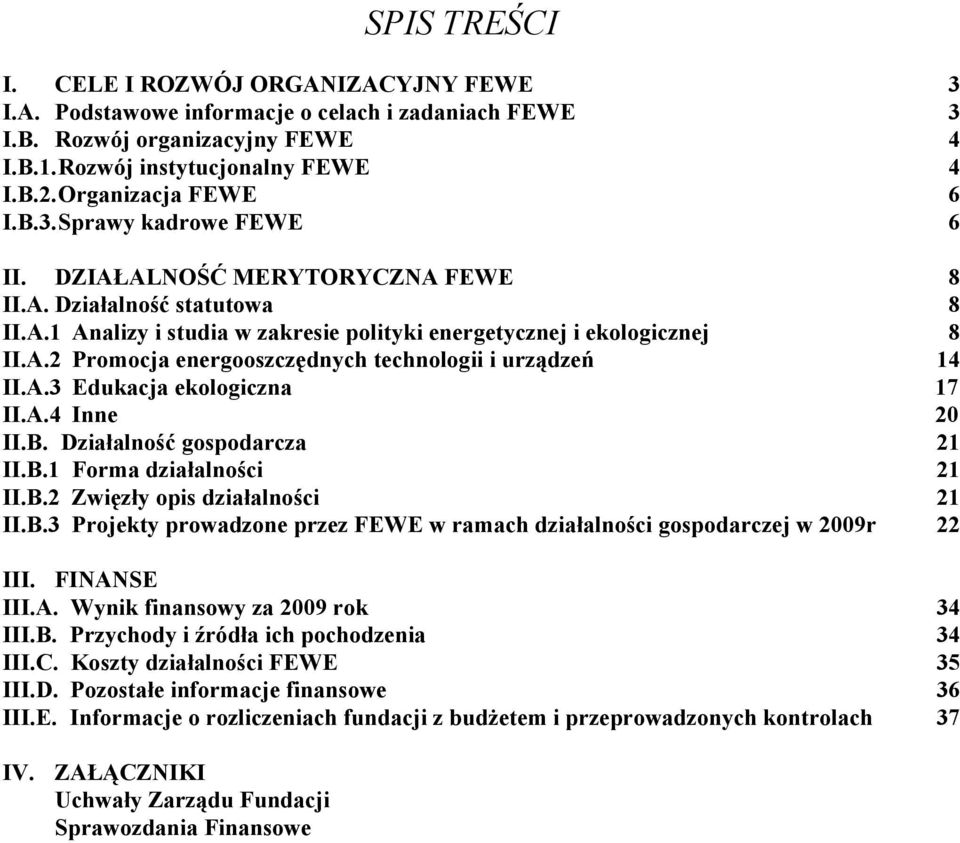 A.3 Edukacja ekologiczna 17 II.A.4 Inne 20 II.B. Działalność gospodarcza 21 II.B.1 Forma działalności 21 II.B.2 Zwięzły opis działalności 21 II.B.3 Projekty prowadzone przez FEWE w ramach działalności gospodarczej w 2009r 22 III.