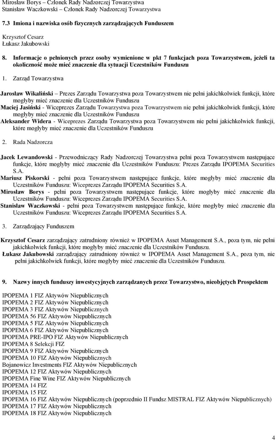 Informacje o pełnionych przez osoby wymienione w pkt 7 funkcjach poza Towarzystwem, jeżeli ta okoliczność może mieć znaczenie dla sytuacji Uczestników Funduszu 1.