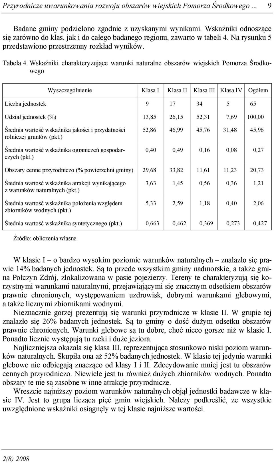 Wskaźniki charakteryzujące warunki naturalne obszarów wiejskich Pomorza Środkowego Wyszczególnienie Klasa I Klasa II Klasa III Klasa IV Ogółem Liczba jednostek 9 17 34 5 65 Udział jednostek (%) 13,85