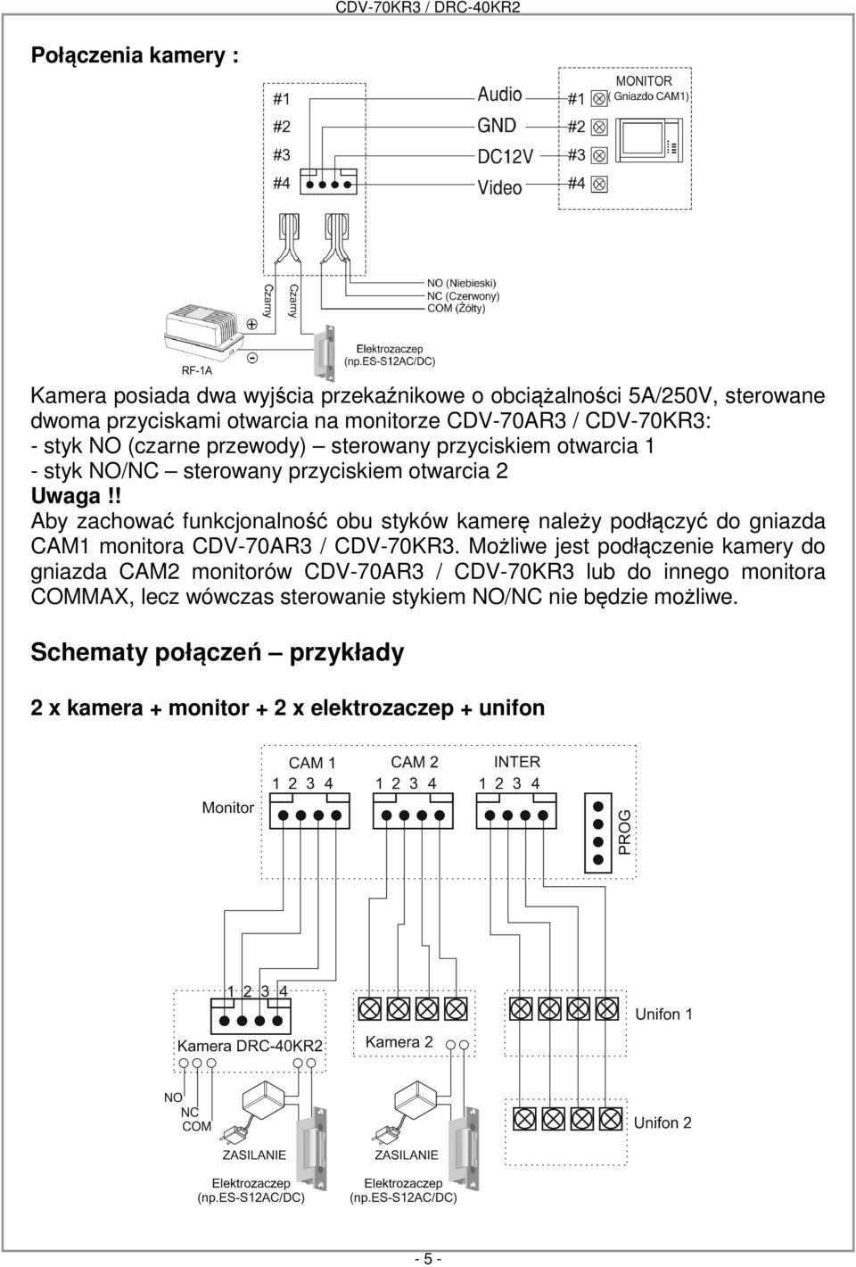 ! Aby zachować funkcjonalność obu styków kamerę należy podłączyć do gniazda CAM1 monitora CDV-70AR3 / CDV-70KR3.