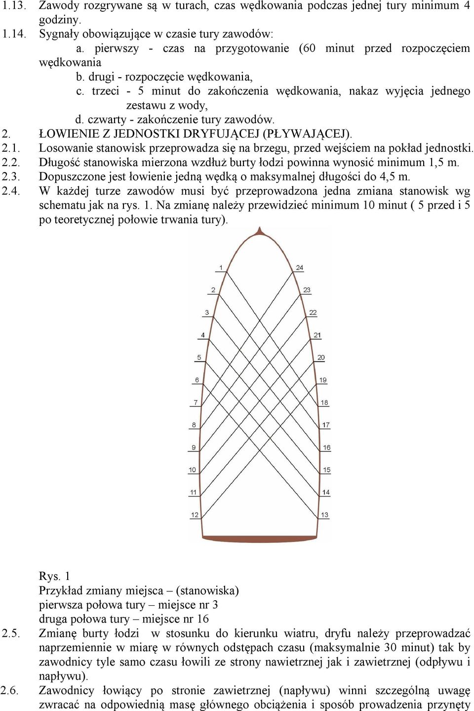 czwarty - zakończenie tury zawodów. 2. ŁOWIENIE Z JEDNOSTKI DRYFUJĄCEJ (PŁYWAJĄCEJ). 2.1. Losowanie stanowisk przeprowadza się na brzegu, przed wejściem na pokład jednostki. 2.2. Długość stanowiska mierzona wzdłuż burty łodzi powinna wynosić minimum 1,5 m.