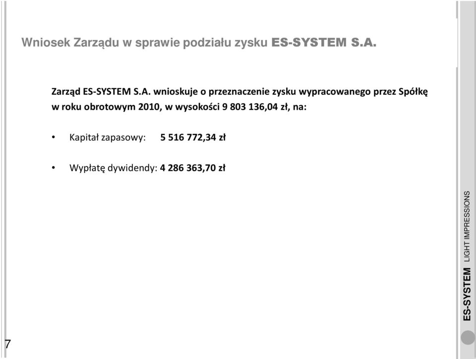 wnioskuje o przeznaczenie zysku wypracowanego przez Spółkę w