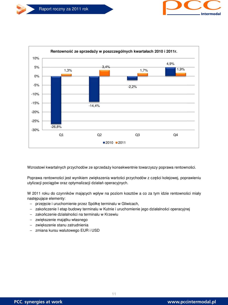 Poprawa rentowności jest wynikiem zwiększenia wartości przychodów z części kolejowej, poprawieniu utylizacji pociągów oraz optymalizacji działań operacyjnych.