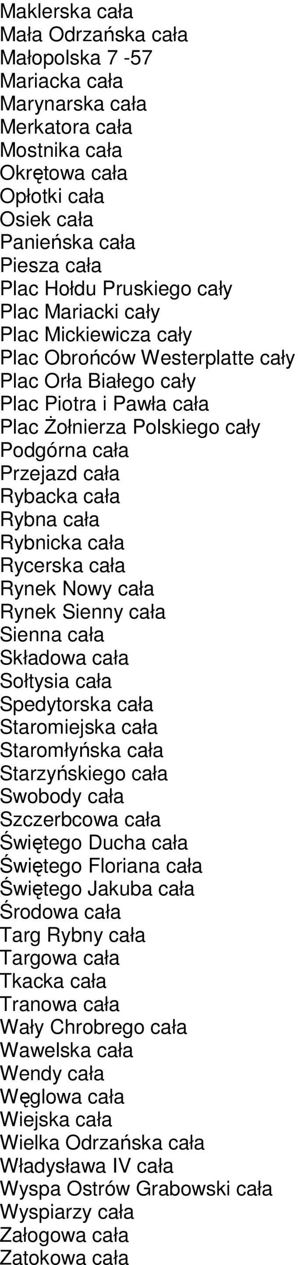 Rybna cała Rybnicka cała Rycerska cała Rynek Nowy cała Rynek Sienny cała Sienna cała Składowa cała Sołtysia cała Spedytorska cała Staromiejska cała Staromłyńska cała Starzyńskiego cała Swobody cała